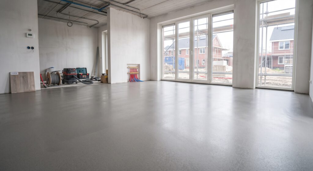 Lichte ruimte met strak stucwerk en grote ramen